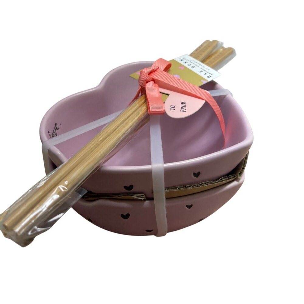 Rae Dunn Ramen Heart-Shaped Pink Ceramic Bowl Set By W/ Bamboo Chopsticks